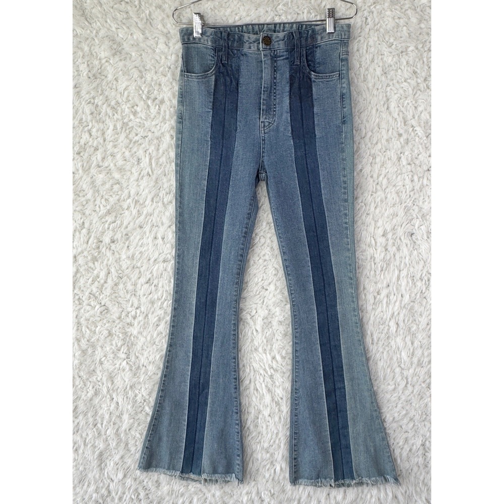 Super Flare Bells Jeans Size 28 Blue Two Tone Patchwork High Rise Boho 70s Retro
